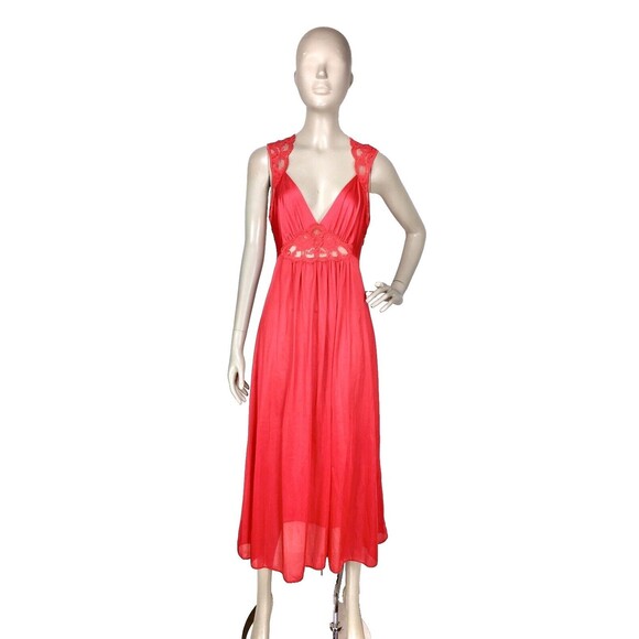 Vintage 70s Red Lace Trim Peignoir Sexy Lingerie Long Nightgown Medium USA - Picture 4 of 8